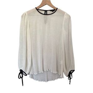 Cue 8 Medium White Chiffon Semi Sheer Blouse Black Trim Tied Sleeve Crew